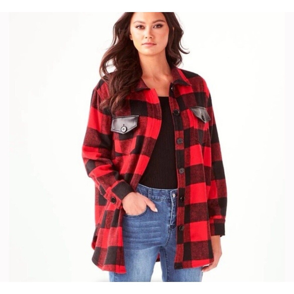 Charlie Paige Buffalo Plaid Check Shacket Button Down Pockets Oversized Sz M